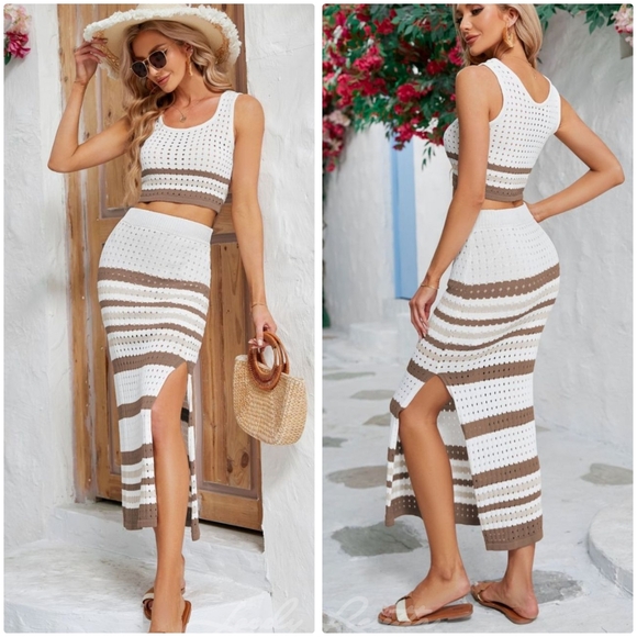 Blue Striped Cropped Tank and Split Skirt Set - Picture 7 of 9